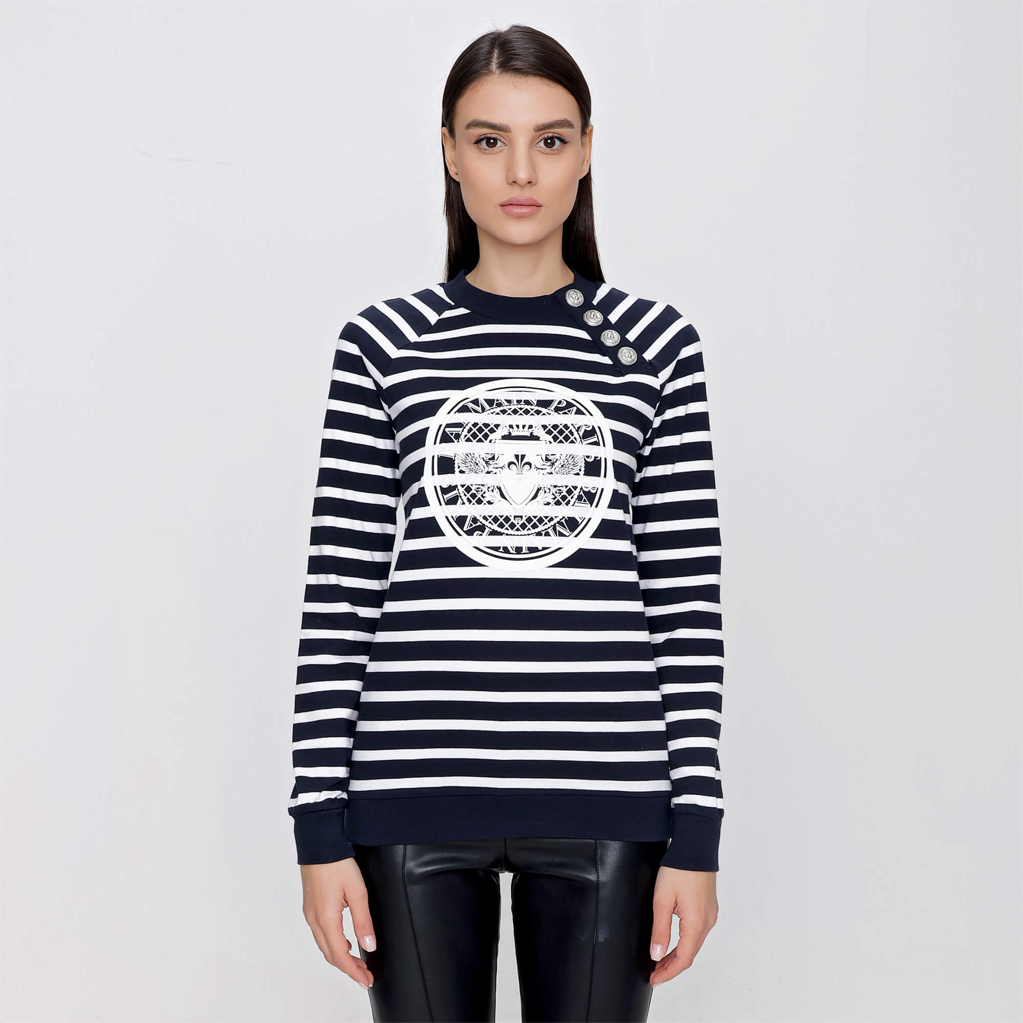 Balmain - Navy Cotton Logo Print Striped Sweatshirt With Silver Buttons